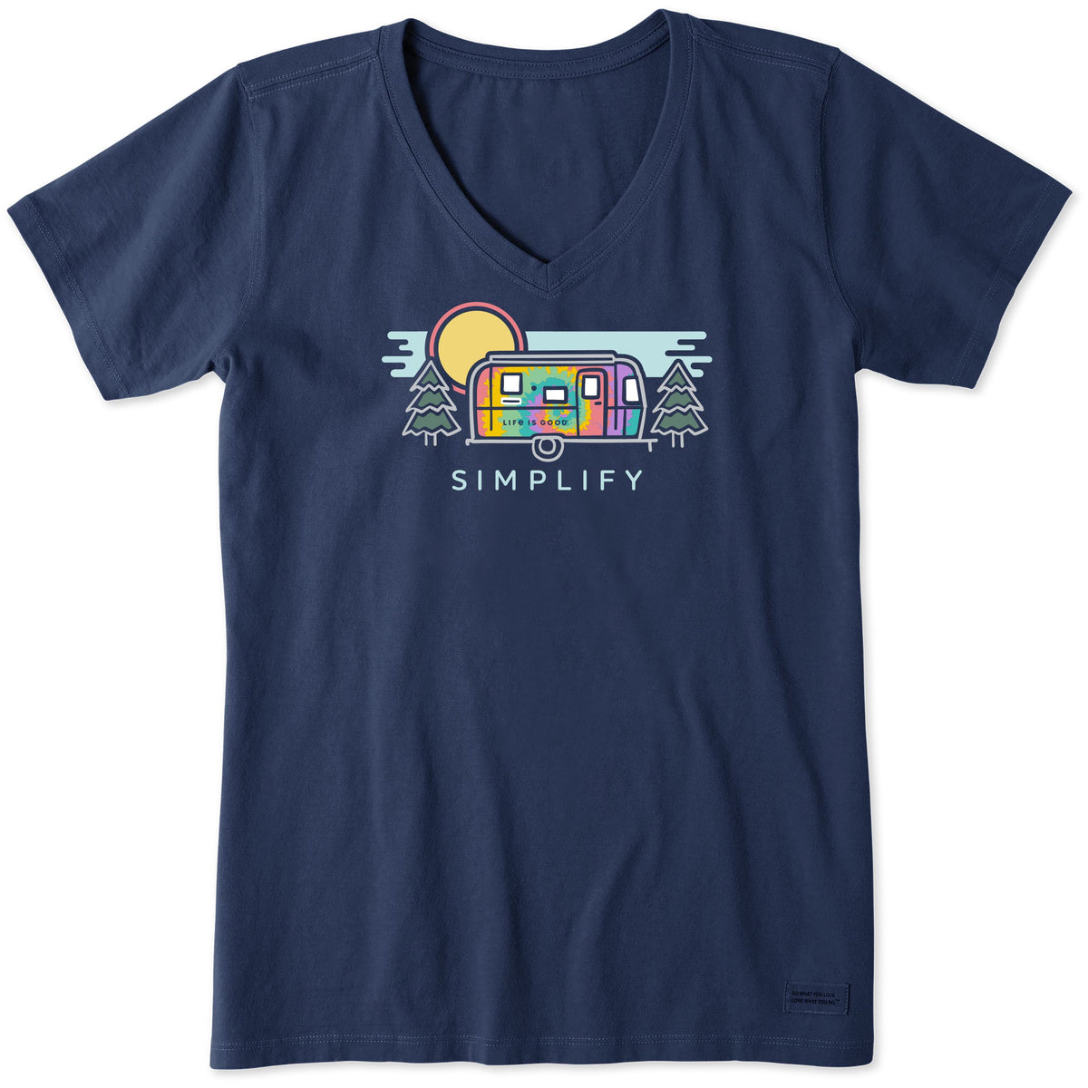 Stay comfortable all day in the Airstream Tie Dye Simplify Camper Women’s V-Neck T-Shirt by Life is Good®, crafted from soft-washed fabric in the signature Crusher Tee style. This navy blue V-neck features a colorful camper, sun, and pine trees graphic with “SIMPLIFY” printed below.