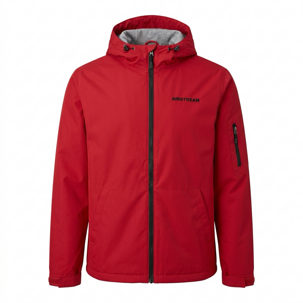 Red tech zip up jacket with black airstream logo on the left chest