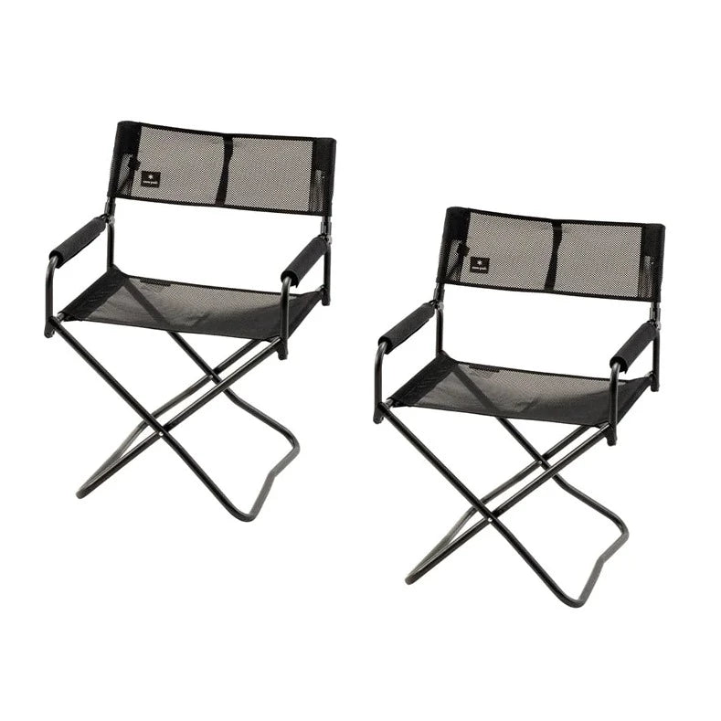 Two Snow Peak Mesh Folding Chairs with breathable mesh seats and backs, lightweight metal frames, and convenient armrests are placed side by side against a white background, making them the perfect portable outdoor chairs for camping or relaxing outside.