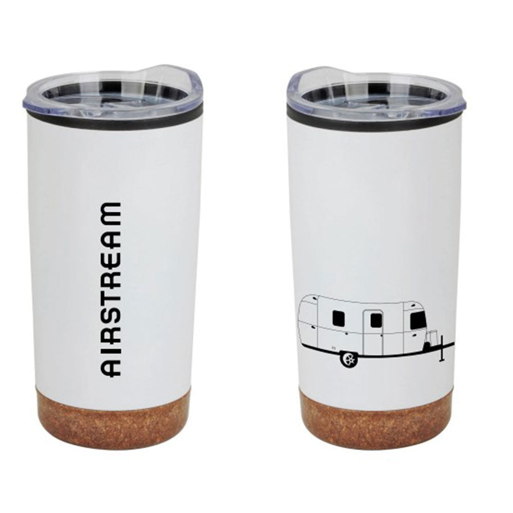 Two white 20 oz cork base tumblers with clear lids: one stainless steel tumbler displaying “AIRSTREAM” vertically, and the other featuring a simple black outline of a travel trailer—the Airstream Art Deco Outline Trailer Tumbler.