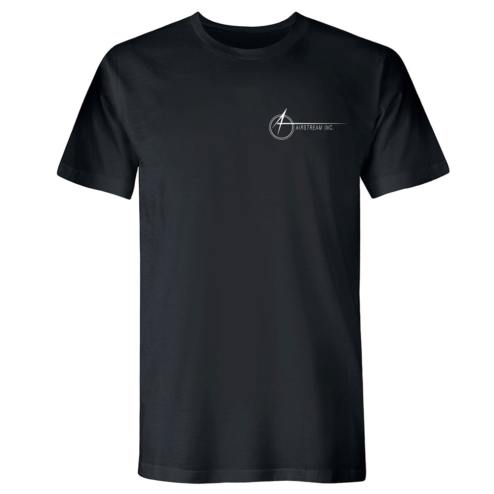 The Airstream Space A Unisex Crew Neck T-Shirt features black short sleeves and a subtle white AIRSTREAM INC. logo with a circular design on the left chest, honoring the legendary role of Airstream vehicles in the space program. The shirt is shown on a plain white background.