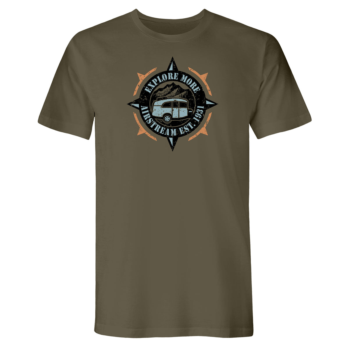 The Airstream Basecamp Explore More Compass T-Shirt showcases an olive green design with a bold graphic of an Airstream Basecamp-style van inside a compass. “Explore More Mainstream Est. 1981” is displayed in blue and white text elegantly encircling the compass, offering true wanderlust appeal.