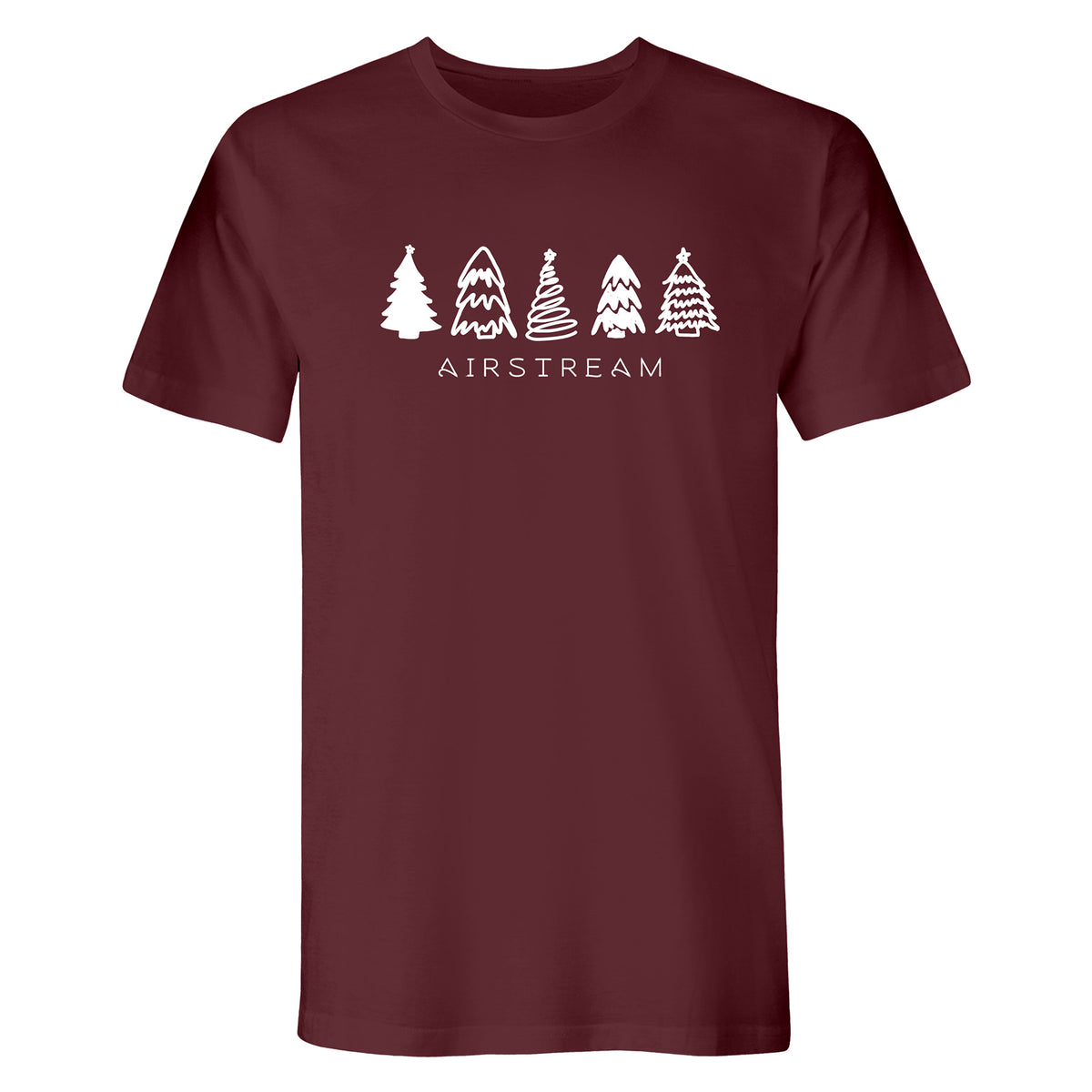 The Airstream Christmas Tree T-Shirt showcases five white stylized Christmas trees above bold, all-caps “AIRSTREAM” lettering on a maroon background—a festive holiday tee perfect for celebrating the season.