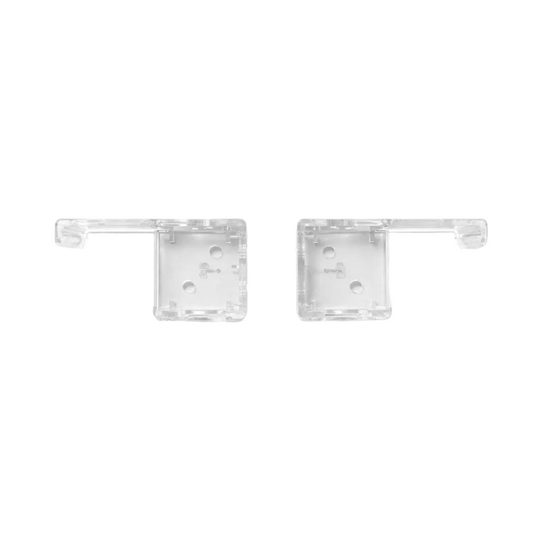 Two clear plastic brackets on a white background