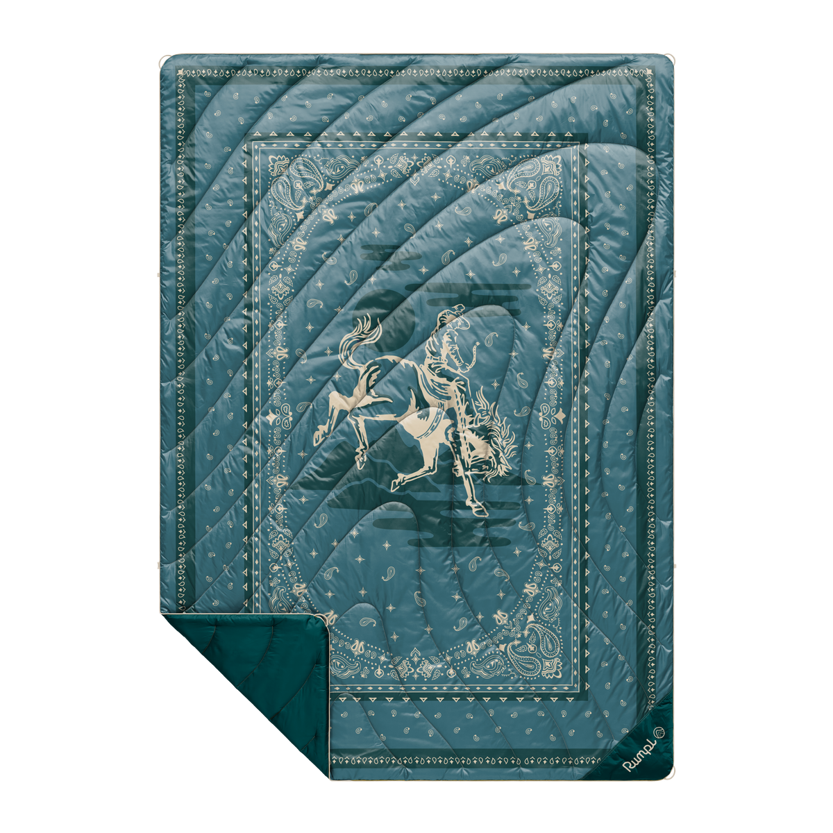 A Western Original Puffy Blanket by Rumpl in teal, featuring a white intricate border and a central bucking horse and rider design. Designed for outdoor use, it has a folded lower corner that reveals its plain teal underside.
