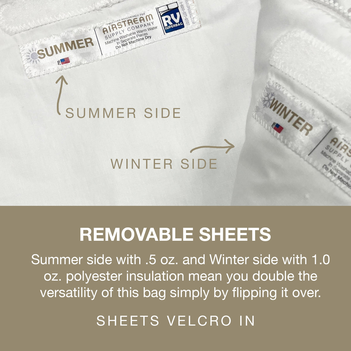 Close-up of removable sheet labels indicating ‘Summer Side’ and ‘Winter Side,’ highlighting their different thicknesses and versatile use. These sheets are designed as part of the Airstream x RVSuperbag All-In-One Bedding System and attach easily with Velcro for convenient setup in your Airstream or RVSuperbag.