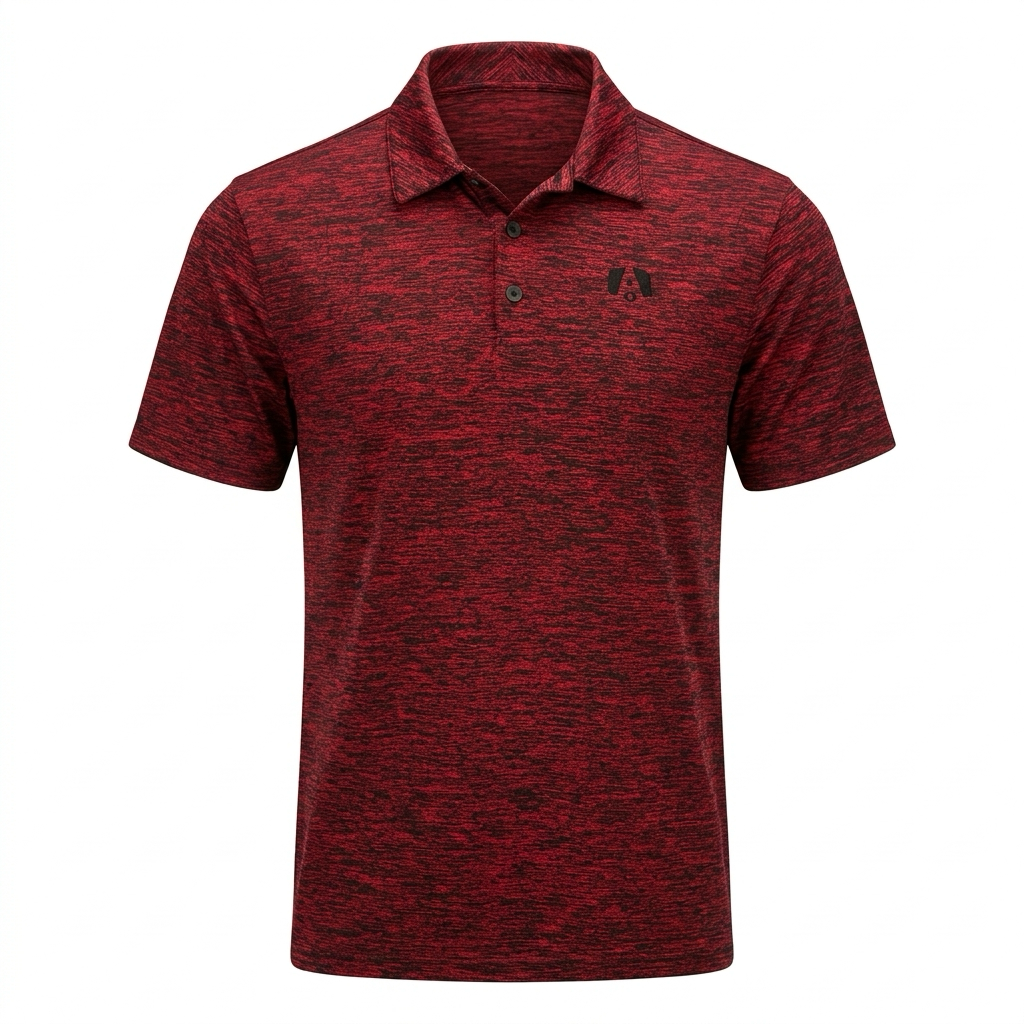 Red and black heathered polo with black trailer A logo on the left chest