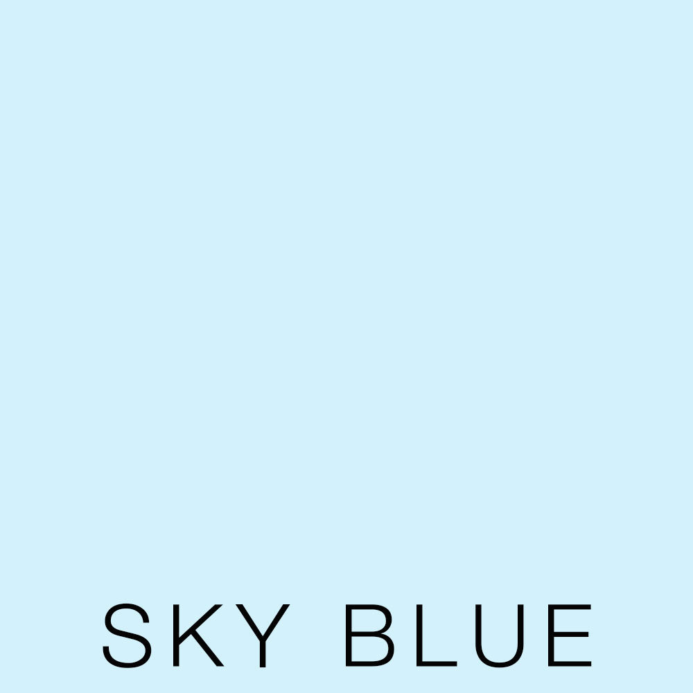 A solid, light blue square with the words SKY BLUE in bold black letters at the bottom center, evoking the serene elegance of Airstream Custom 500 Thread Count Sheets for Globetrotter Travel Trailers—luxurious sheets expertly crafted from 100% cotton.