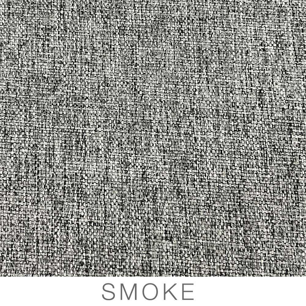 A close-up of the textured gray fabric, woven with a blend of light and dark threads, often selected for Airstream Solid Custom Curtains for International Serenity Travel Trailers. The word “SMOKE” appears in capital letters beneath the fabric sample.