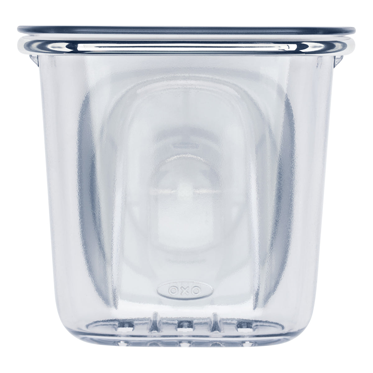 A clear, empty, rectangular Suction Basket by OXO is shown from the front, featuring smooth edges and a slightly curved lid rim with the OXO brand embossed near the bottom. This versatile storage solution is ideal for keeping essentials organized in any space.