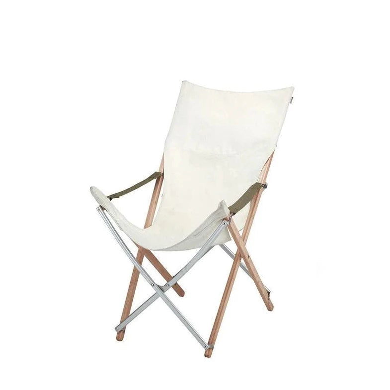 The Snow Peak Renewed Long Bamboo Chair, featuring a white canvas seat, wooden legs, and metal support bars, is displayed against a plain white background.