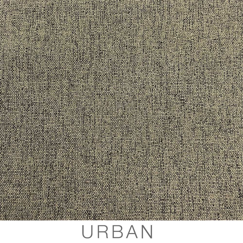 Close-up of a textured gray fabric surface with a subtle, woven pattern, reminiscent of the Airstream Solid Custom Curtains for Bambi Travel Trailers. The word URBAN appears in large, light gray capital letters at the bottom.