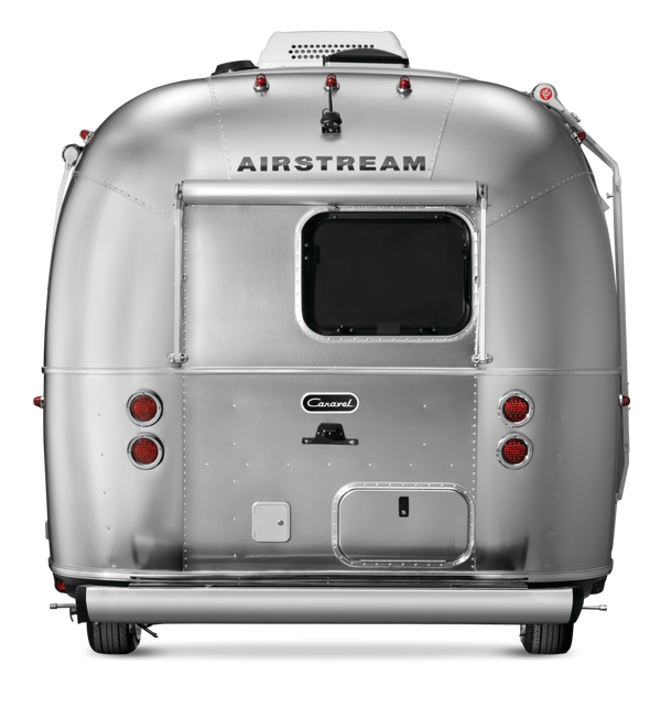Silver Airstream trailer on a white background