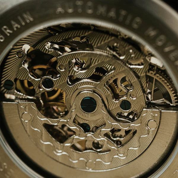 Close-up of a mechanical watch movement with intricate gears and components.