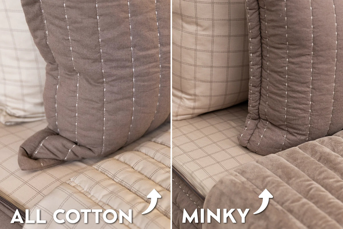 Side-by-side close-up of bedding: on the left, the ALL COTTON option showcases a smooth, checked fabric; on the right, the MINKY version features a soft, textured surface. Both styles come in neutral colors with visible stitching—making Airstream RV Fit Beddy’s for Flying Cloud Travel Trailers an ideal choice for RV mattress sheets or Airstream bedding, offering comfort and versatility for all your bedding needs.