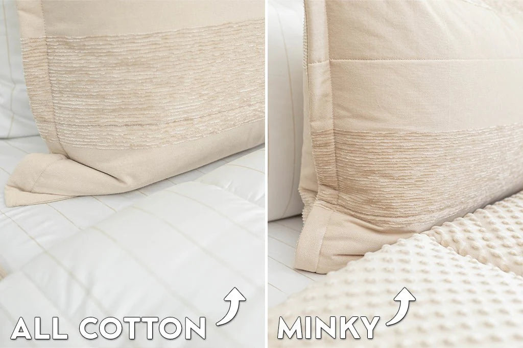 Split image showcasing two pillows: the left features ALL COTTON with a smooth texture, while the right displays MINKY with a softer, dimpled texture. Both are set atop white bedding from Airstream RV Fit Beddy’s for Excella Travel Trailers—perfect for those seeking cozy and practical bedding solutions in their RV.