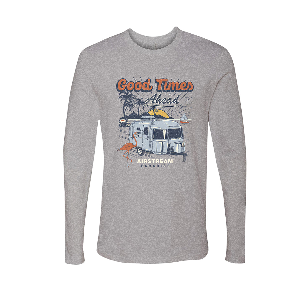 The Airstream Good Times Ahead Long Sleeve T-Shirt is a gray top featuring a graphic of an Airstream trailer, palm trees, surfboards, and the phrase “Good Times Ahead, Airstream Paradise.” It’s perfect camping apparel for adventure travel enthusiasts.