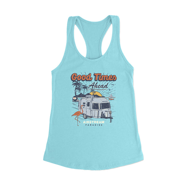 Light blue tank top with 'Good Times Ahead' and Airstream design on a white background