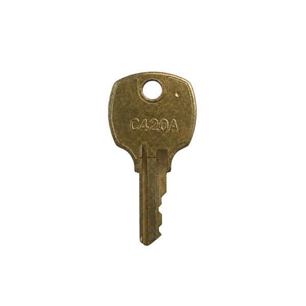 A single brass-colored metal key with the stamped code 'C420A' on its bow, centered on a light gray background.
