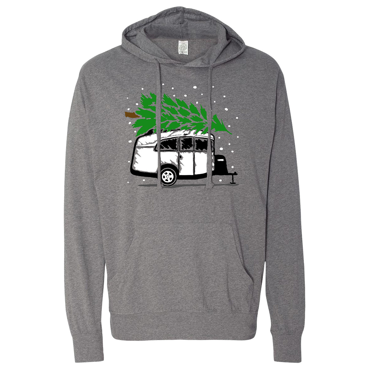 Stay festive and adventurous in the Airstream Basecamp Holiday Lightweight Hoodie—a gray hoodie featuring a graphic of a white van with a green Christmas tree on its roof, framed by snowflakes for holiday spirit, perfect for fans of the Live Riveted lifestyle.