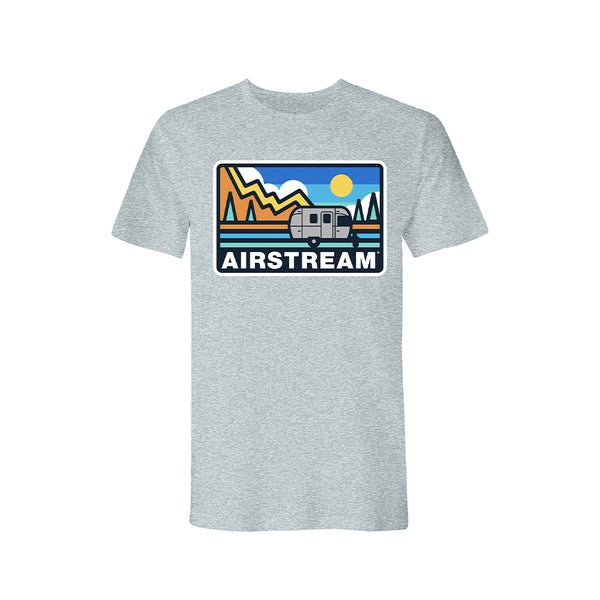 A gray unisex t-shirt with an abstract Airstream and mountain design. The design features the Airstream logo and an Airstream Travel Trailer