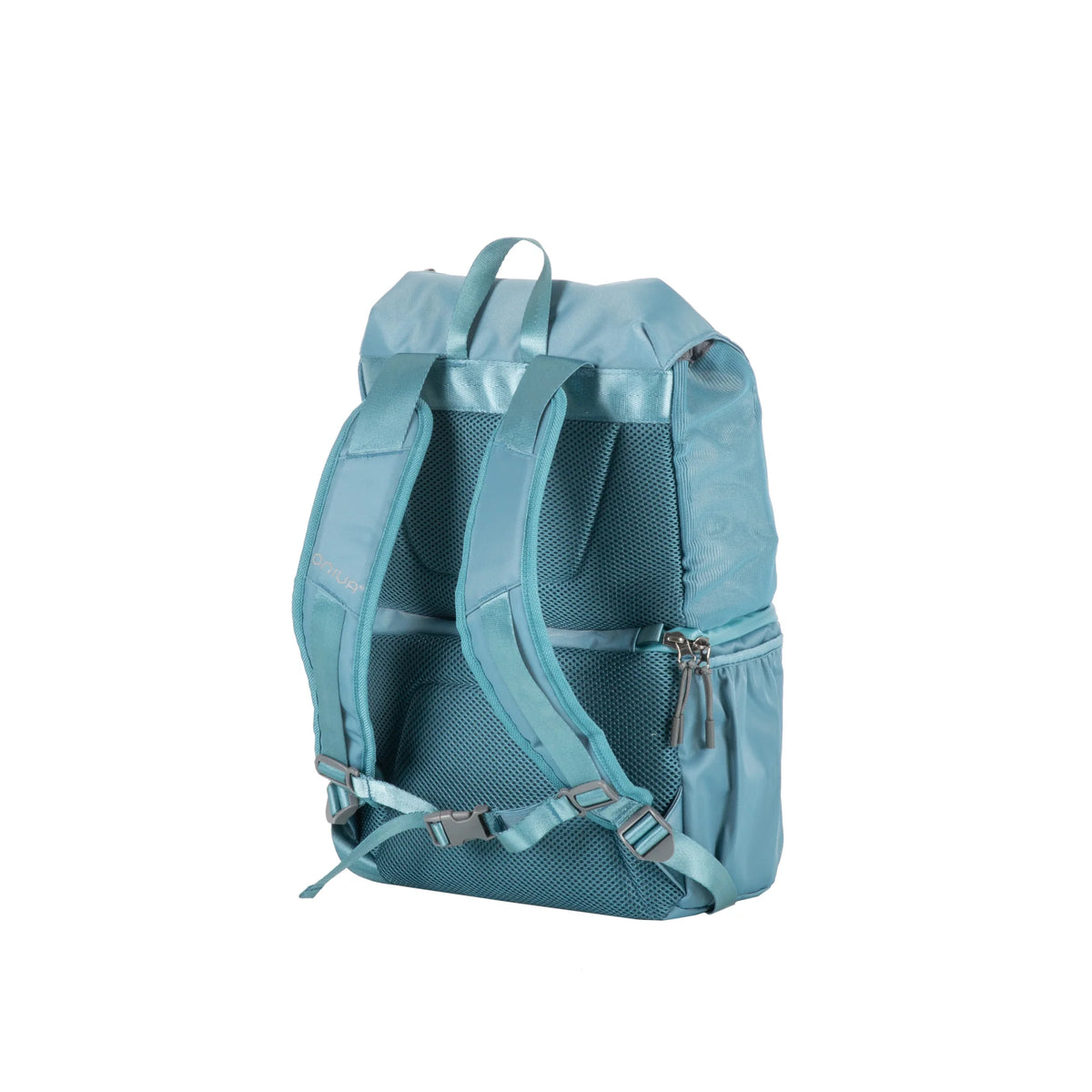 The Airstream Recycled Backpack Cooler in teal is displayed from the back, featuring padded shoulder straps, a mesh back panel, top handle, and a side zippered pocket.