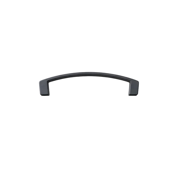 Black curved cabinet handle on a white background