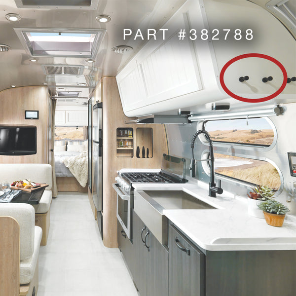 Airstream trailer with black knobs highlighted