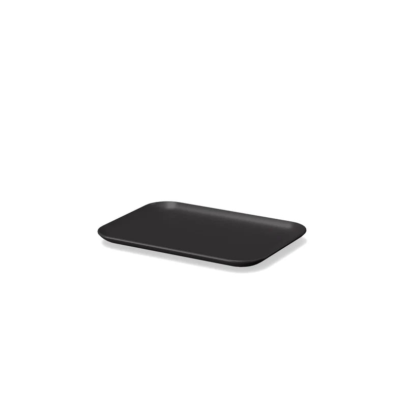 The Bamboo Small Platter Set of 2 by Ekobo features plain, rectangular black trays with rounded corners and slightly raised edges, crafted from sustainable bamboo eco-composite, and displayed against a white background.