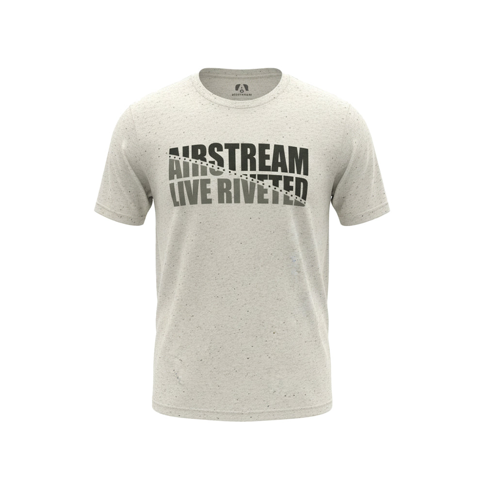 The Airstream Rivet Line T-Shirt features a light gray color with black speckles and bold black lettering that reads “AIRSTREAM LIVE RIVETED” diagonally across the chest, celebrating American craftsmanship. The shirt is shown on a plain white background.