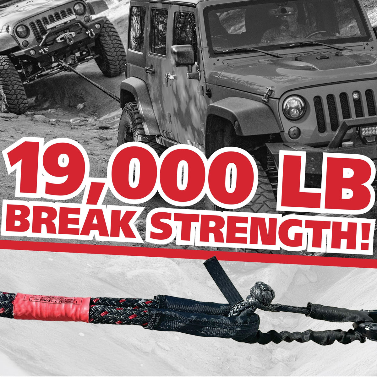 A Rock Tamers Recovery Rope Kit hauls a Jeep out of rough terrain during an intense off-road recovery. Large text reads 19,000 LB BREAK STRENGTH! with a close-up of the heavy-duty, high-visibility rope from the kit below.