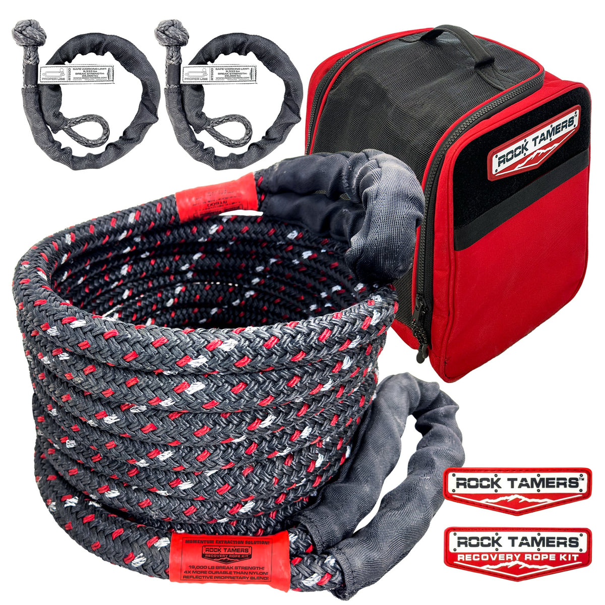 Rock Tamers Recovery Rope Kit featuring a high-visibility black and red rope, two soft shackles, a red carrying case, and two logo decals—an essential off-road recovery solution displayed on a white background.