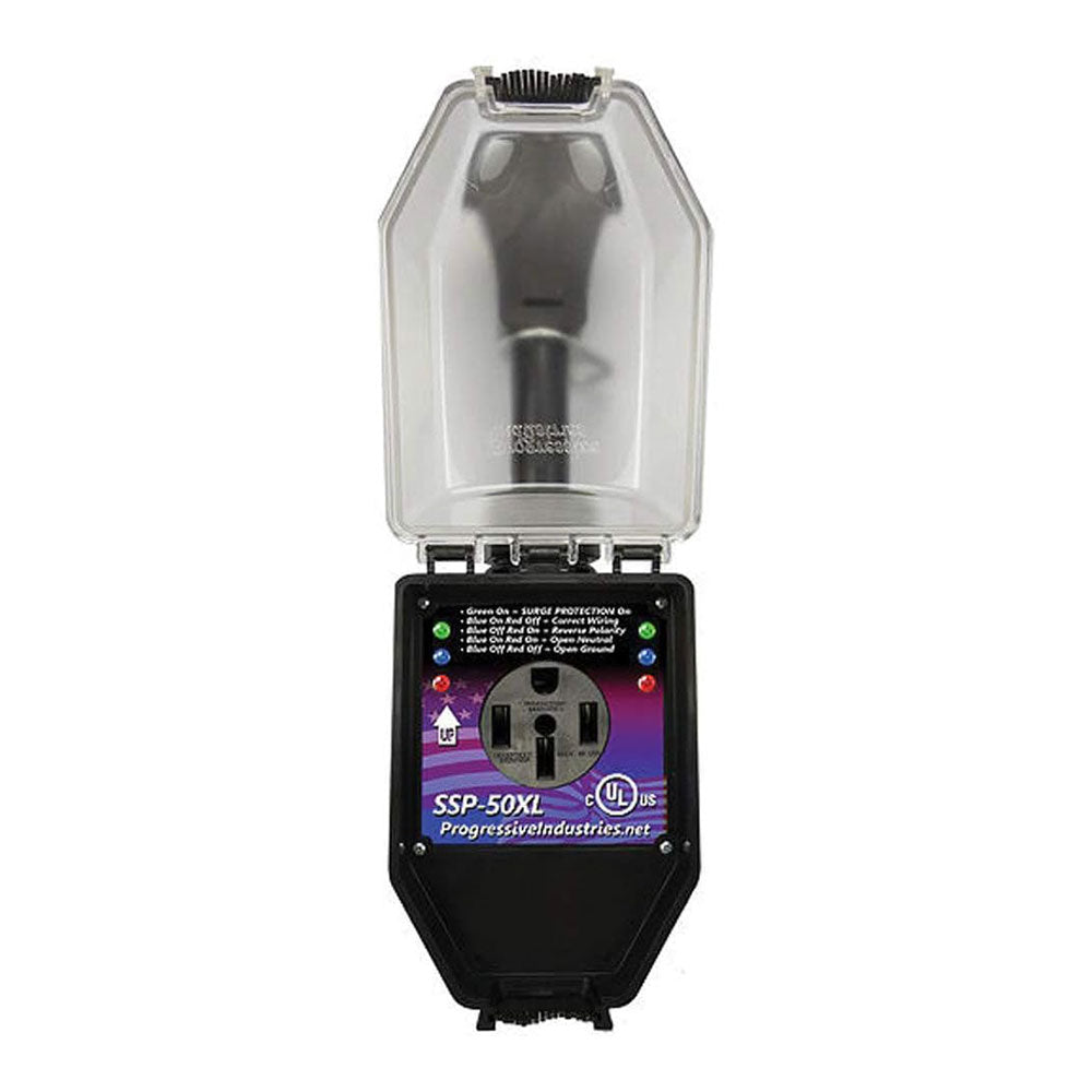 A Portable 50 Amp EMS Surge Protector with its clear plastic cover open, revealing the outlet and indicator lights on the front panel—an essential electrical management system and one of the top Airstream accessories for protecting your rig’s electrical system.