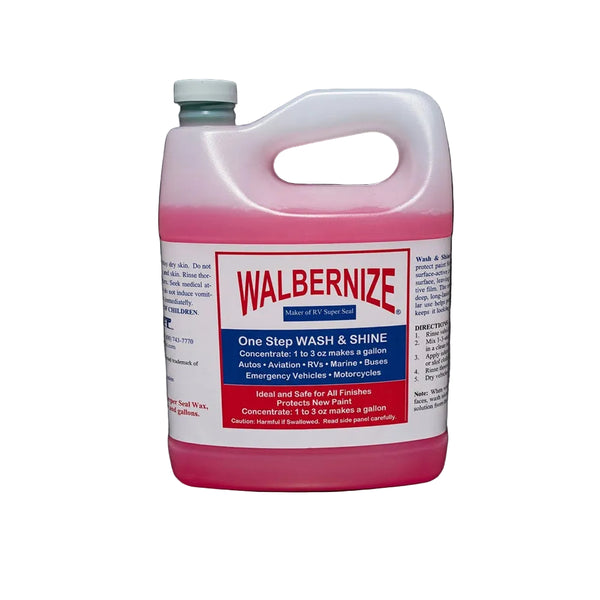 Gallon bottle of Walbernize one-step wash and shine product on a white background