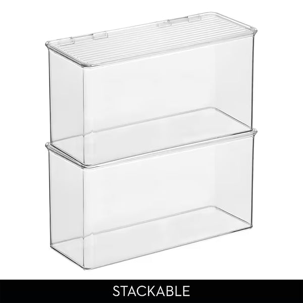 Stackable clear storage bins with a wire lid on a white background