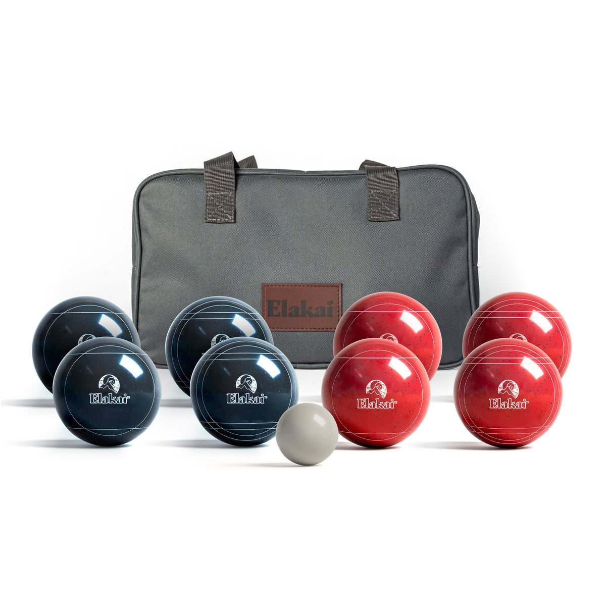 The Bocce Ball Set includes four red and four black professional-grade balls, a small white target ball, and a gray carrying bag with the Elakai logo—all displayed on a white background—making it ideal for taking your bocce game anywhere.