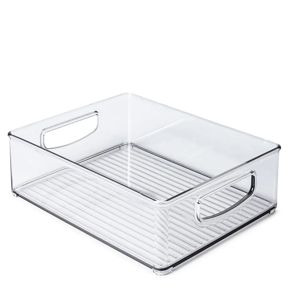 A clear, rectangular plastic storage bin with side handles and a ribbed bottom, shown empty against a white background—an ideal addition to the Airstream Kitchen + Pantry Storage Bundle for organized kitchen or pantry storage.