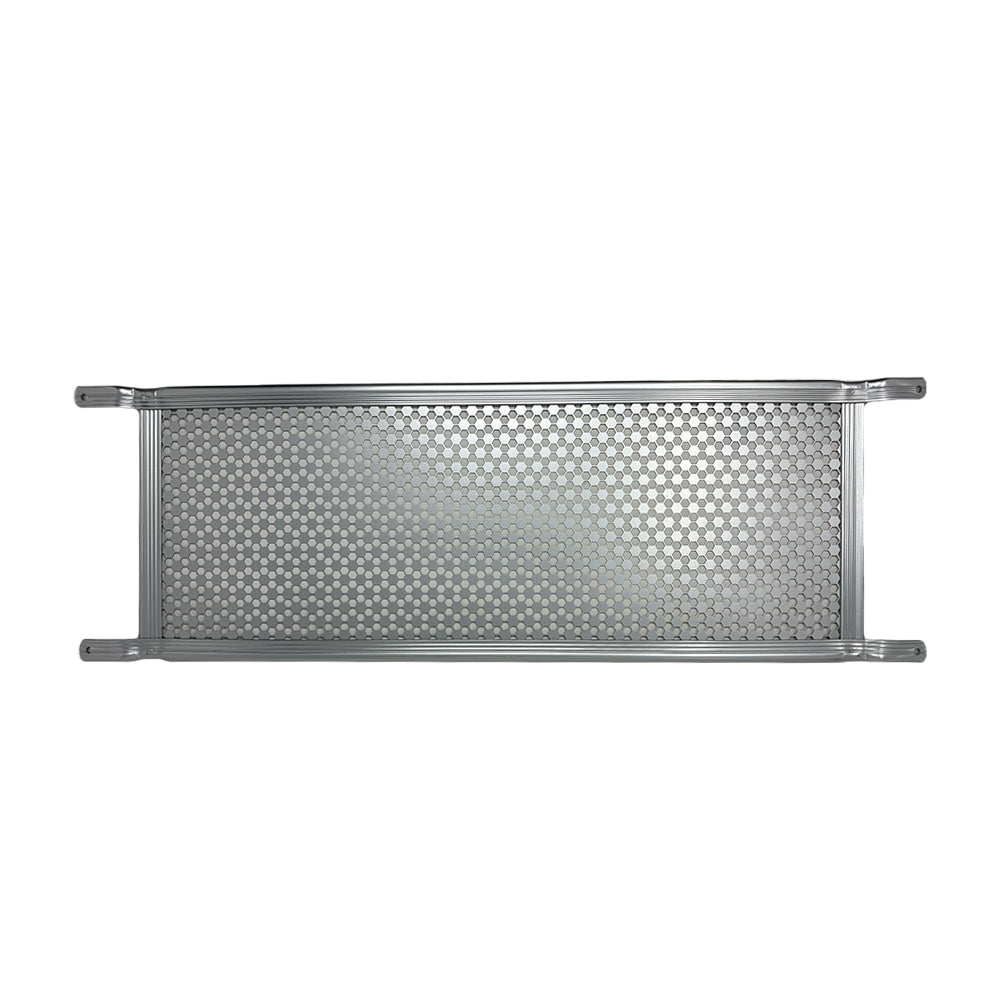 A rectangular metal panel with a honeycomb mesh pattern and four mounting brackets, photographed on a white background—this Airstream Screen Door Guard (Part # 115171-01, 115171-02) is the perfect genuine part for enhancing your trailer’s durability and style.