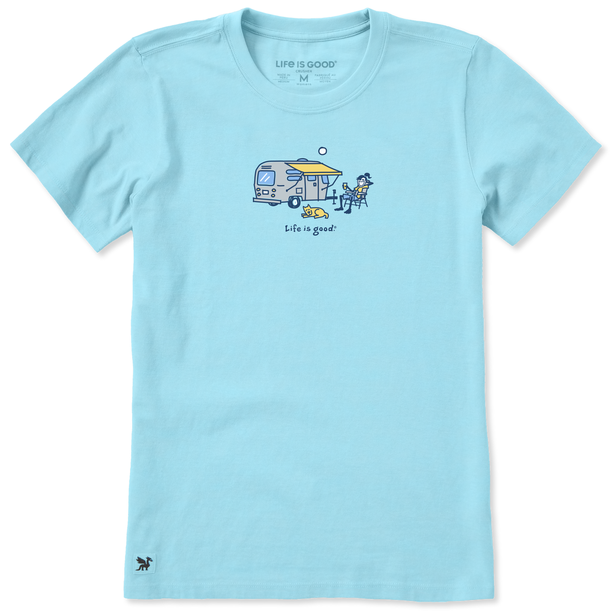 A light blue short-sleeve crewneck t-shirt featuring a small camping-themed graphic on the chest with a camper van, dog, and the text 'life is good!'.