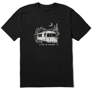 Black t-shirt with a white graphic of a camper and 'Life is Good' text on a white background