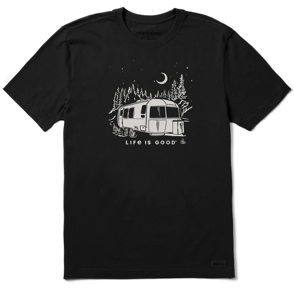 Black t-shirt with a white graphic of a camper and 'Life is Good' text on a white background