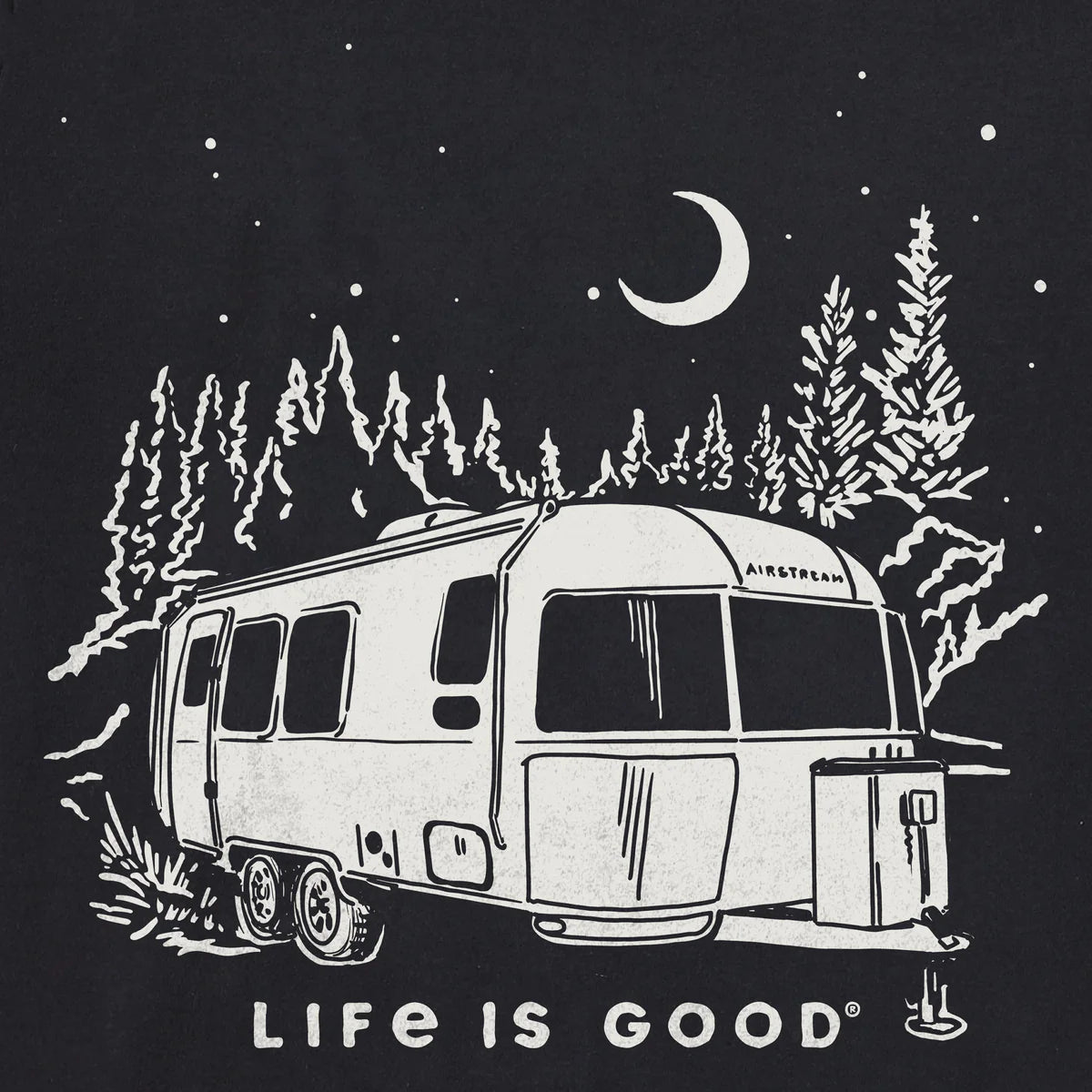 Illustration of a camper with trees and moon on a black background, featuring 'Life is Good' branding.