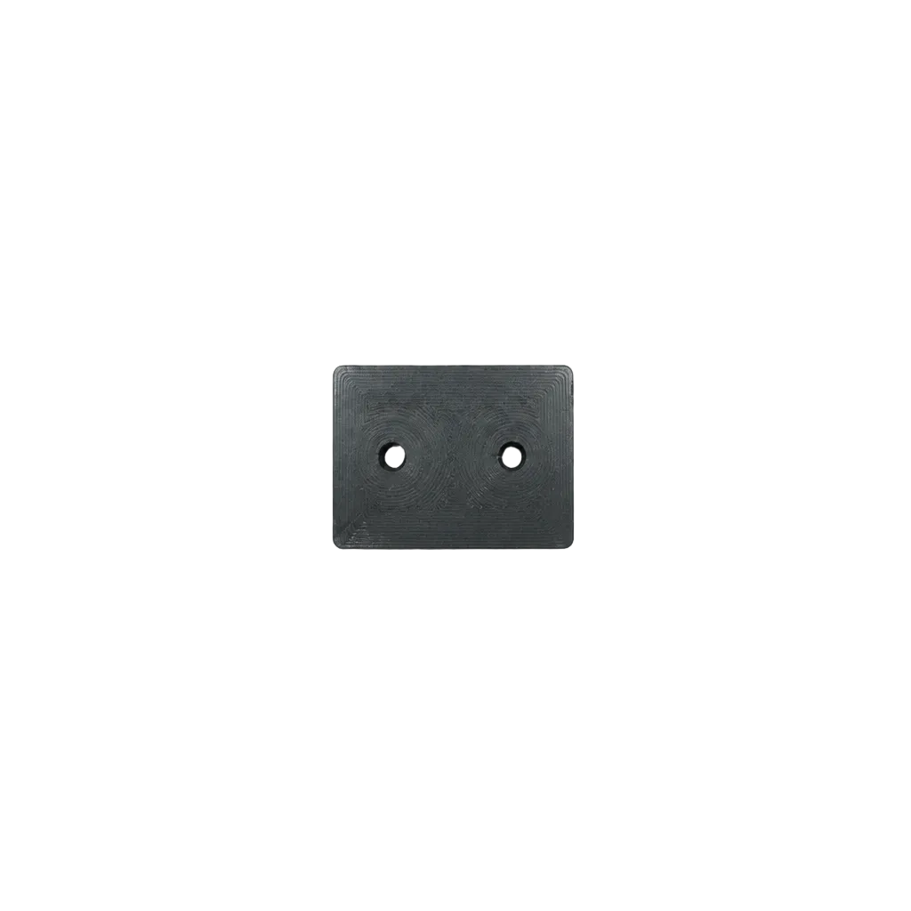 Black square metal bracket with two holes on a gray background