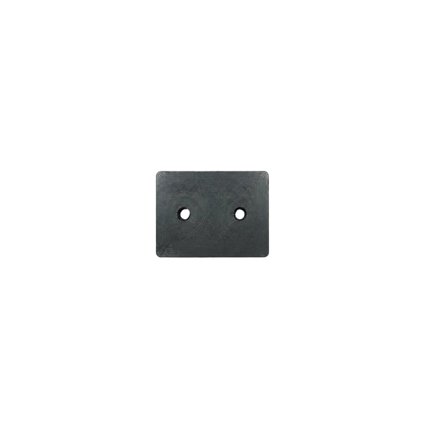 Black square metal bracket with two holes on a gray background