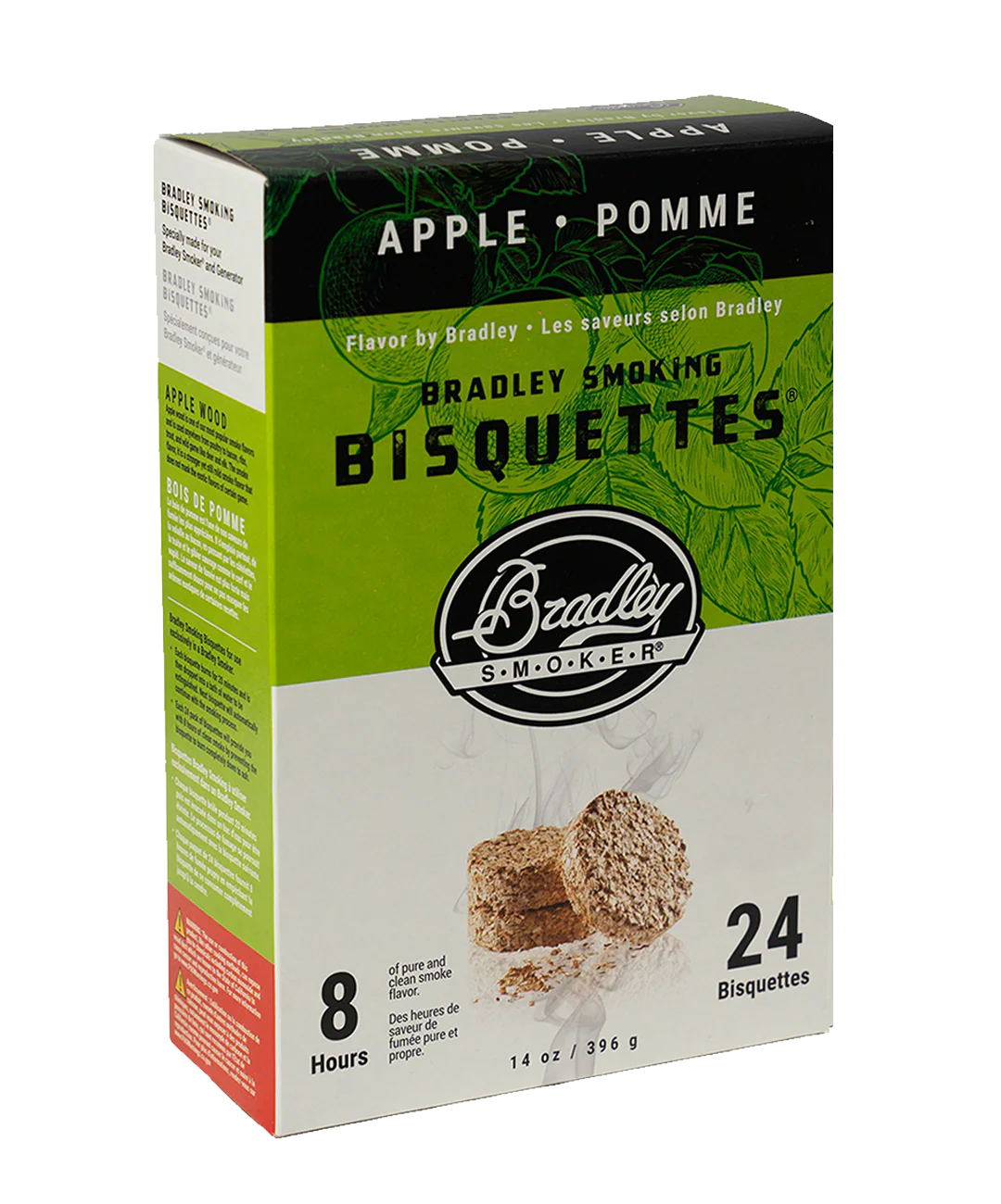Box of Flavor Bisquettes for Bradley Electric Grill and Smoker, 24 count, providing 8 hours of natural wood smoke. Features images of smoking bisquettes and apple illustrations with bilingual English and French text. Ideal for use with your Bradley wood bisquette system.