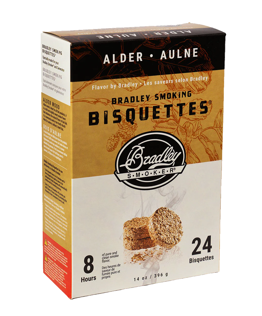 A box of Flavor Bisquettes for Bradley Electric Grill and Smoker in the Alder variety. The package showcases Bradley wood bisquettes crafted from natural wood smoker chips, with images of smoked bisquettes and trails of smoke. It indicates 8 hours, 24 smoking bisquettes, and the phrase “Flavor by Bradley.” All text appears in both English and French.