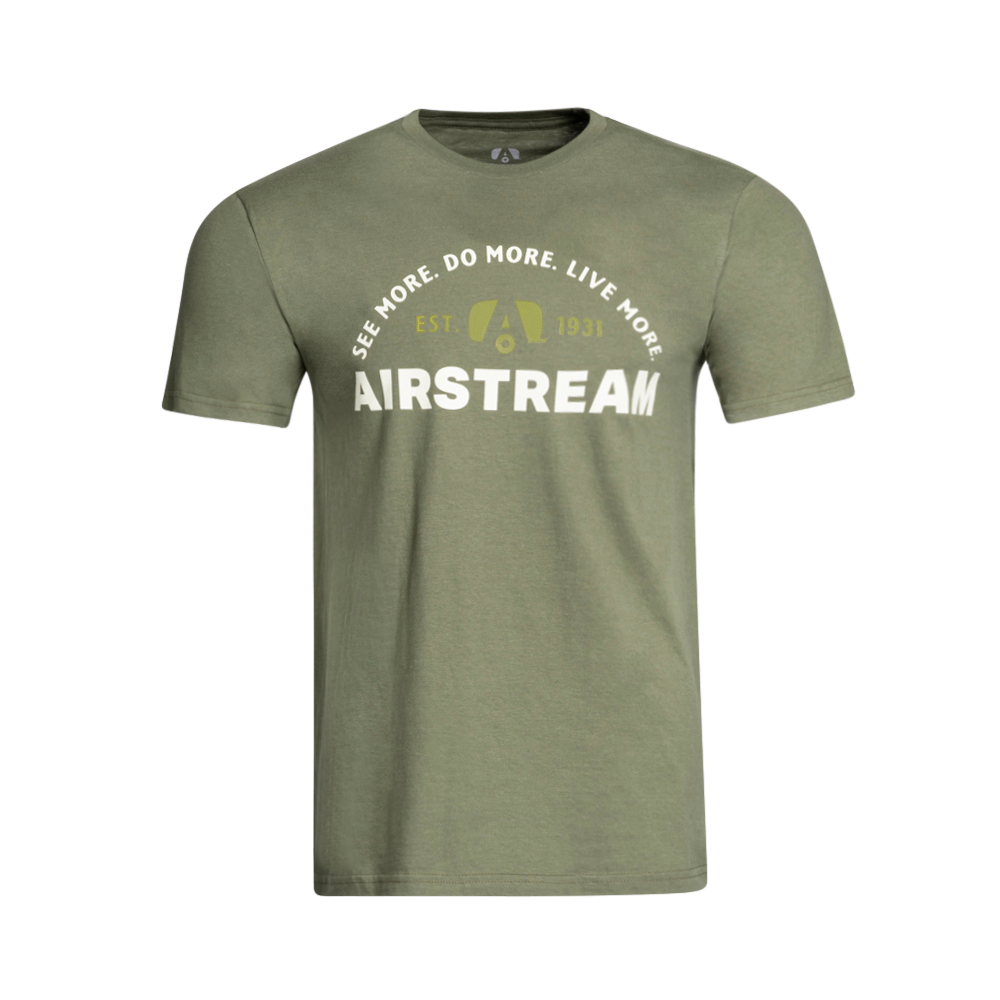 The Airstream See More. Do More. Live More. Tonal T-Shirt is an olive green tee featuring bold white text—See More Do More Live More, EST. 1931 AIRSTREAM—and a striking yellow outline of an Airstream trailer at the center, offering vintage style for adventure seekers.