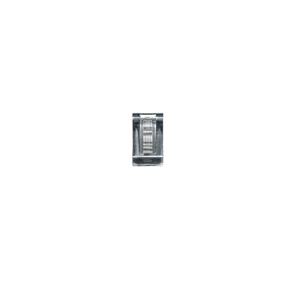 A clear plastic dispenser holding transparent adhesive tape, centered on a white background—ideal for organizing solar wiring or securing the Airstream Wire Clip for Solar Panels (Part #340305) when working with Airstream parts.
