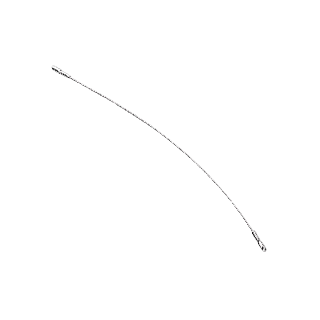 An Airstream Cable Support for Exterior Compartment Doors (Part #381065-10)—a thin, curved metal rod with a loop or eyelet at each end—shown against a white background.