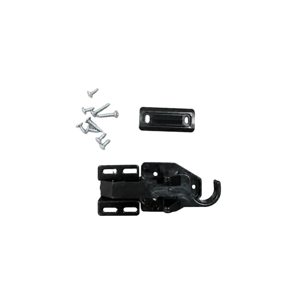Black metal components and screws on a light gray background